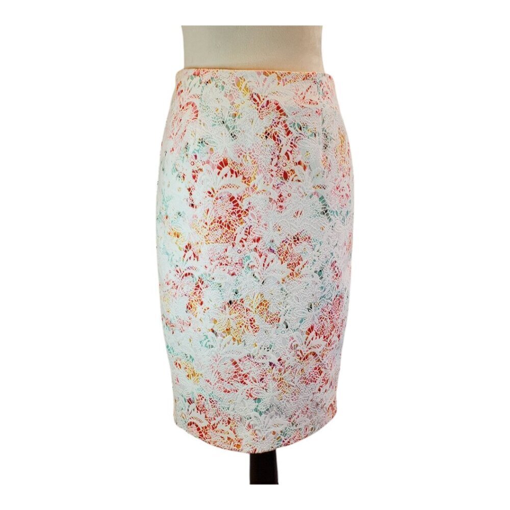 ATTENTION Pencil Skirt Textured Floral Print Midi  White Green Red Yellow